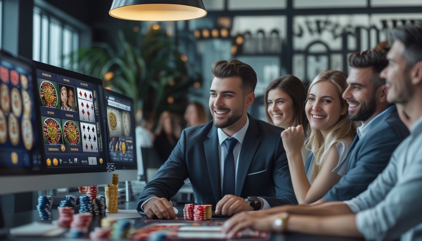 Seorang agen kasino profesional duduk di meja modern dengan beberapa layar komputer menampilkan permainan kasino, berbicara dengan beberapa klien yang tersenyum di ruang kantor yang rapi dan bergaya.