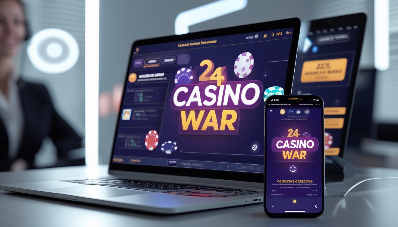 Seorang agen kasino online dengan tampilan kartu dan chip di layar komputer dan ponsel, menunjukkan transaksi cepat dan layanan pelanggan 24 jam.