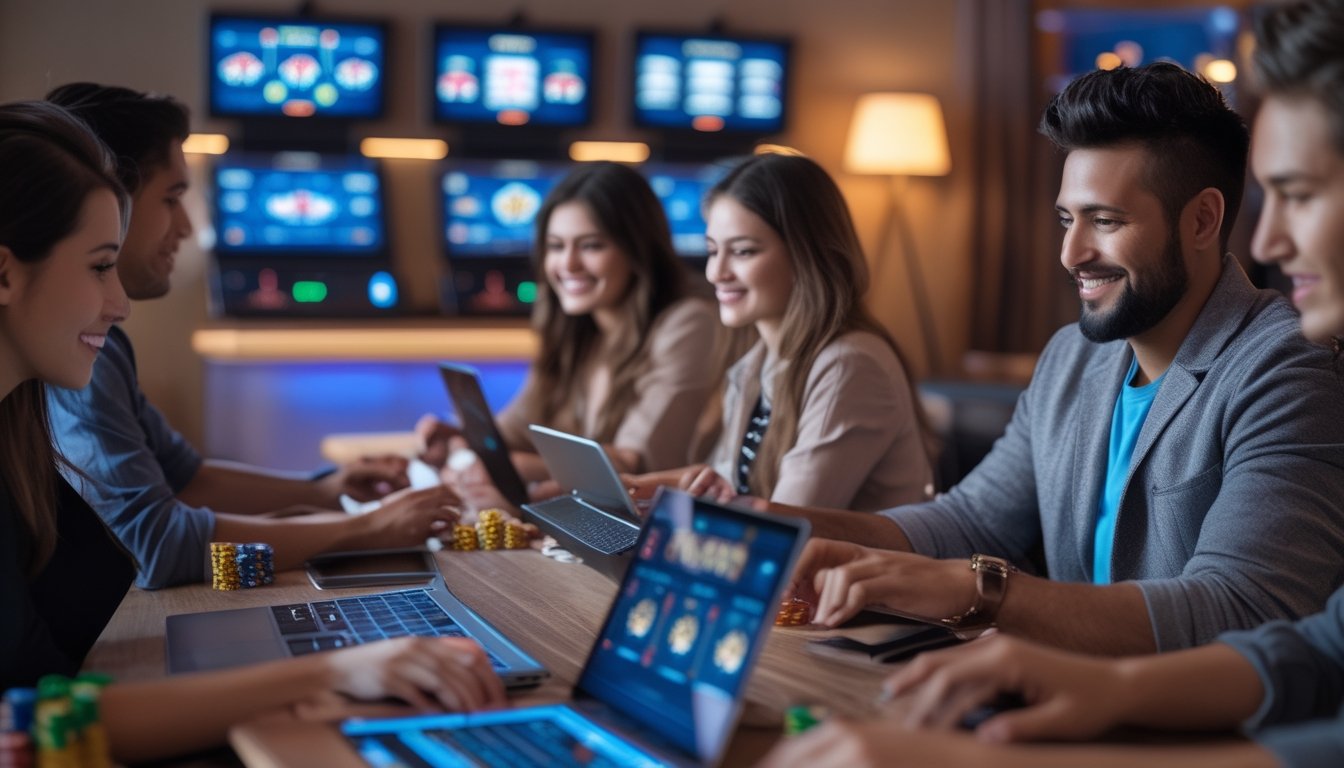 Beberapa orang berbeda bermain permainan casino online menggunakan perangkat digital di ruangan yang nyaman dan terang.