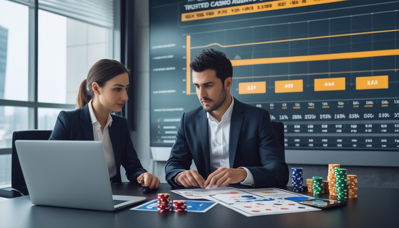 Dua profesional sedang berdiskusi di meja kantor dengan laptop dan dokumen, di sekitarnya terdapat chip poker dan kartu remi, menampilkan suasana kerja yang serius dan terfokus.