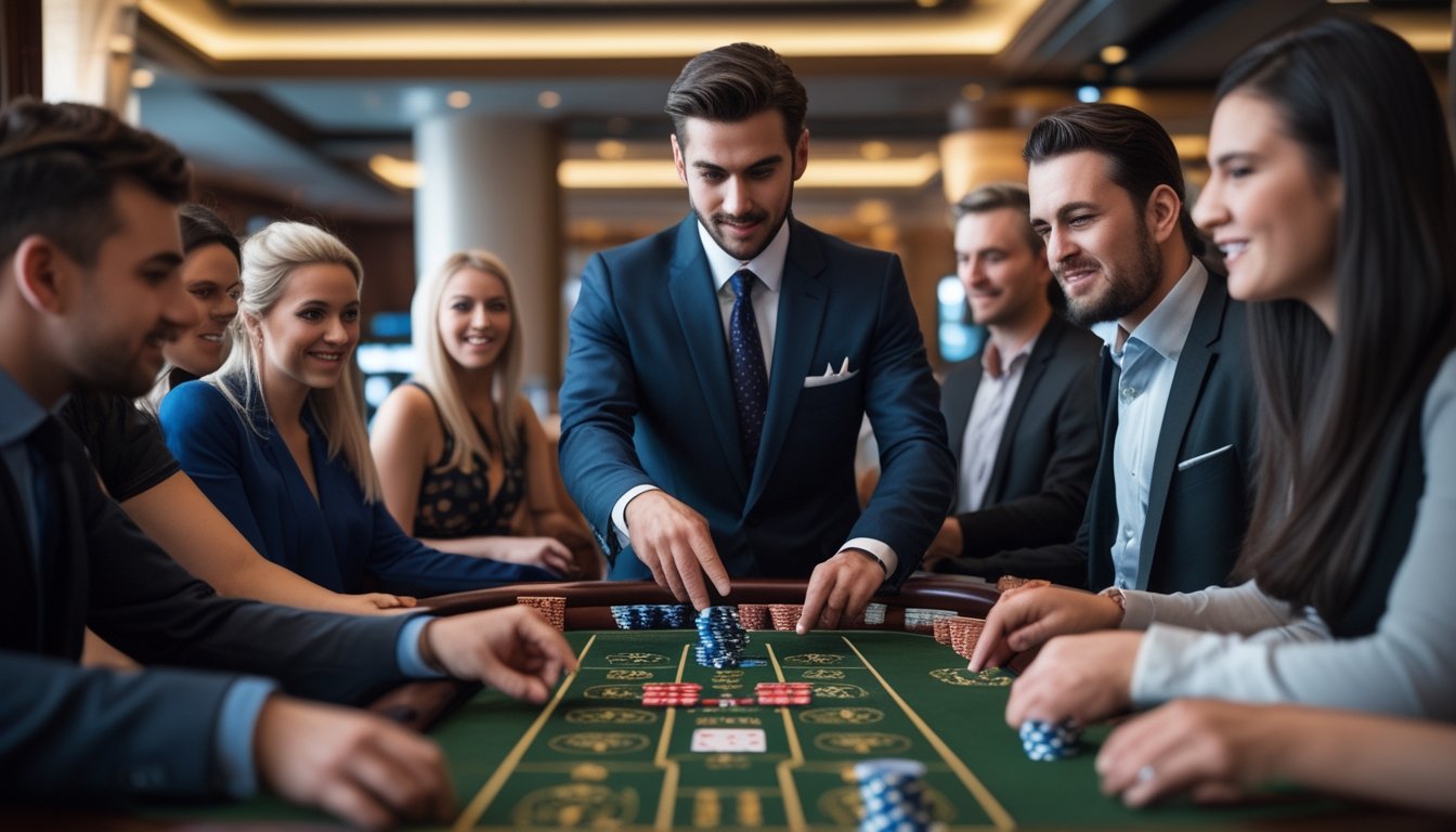 Seorang dealer dan beberapa pemain sedang bermain di meja Casino War di dalam kasino yang elegan.