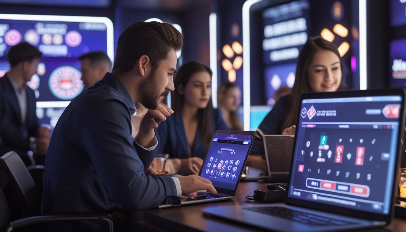 Beberapa orang menggunakan perangkat digital untuk bermain taruhan kasino online dengan suasana modern dan interaktif.