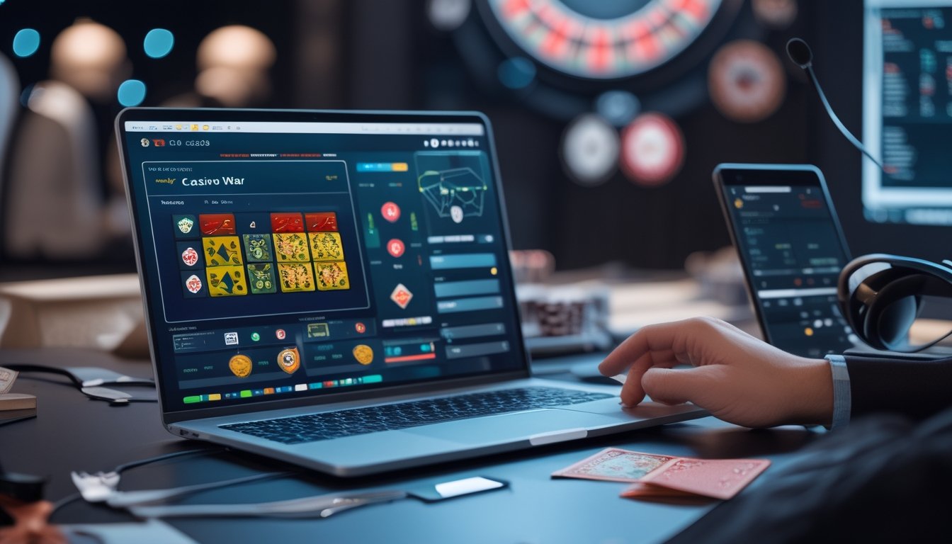Seorang agen layanan pelanggan dengan headset membantu pemain di depan laptop dan ponsel yang menampilkan permainan Casino War online dengan kartu dan chip di sekitar mereka.