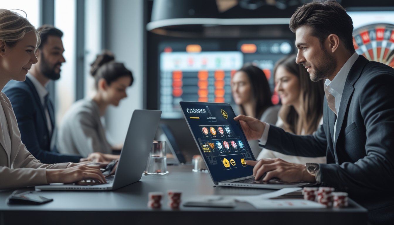 Sekelompok orang menggunakan perangkat digital untuk bermain permainan kasino online dengan suasana yang aman dan nyaman.