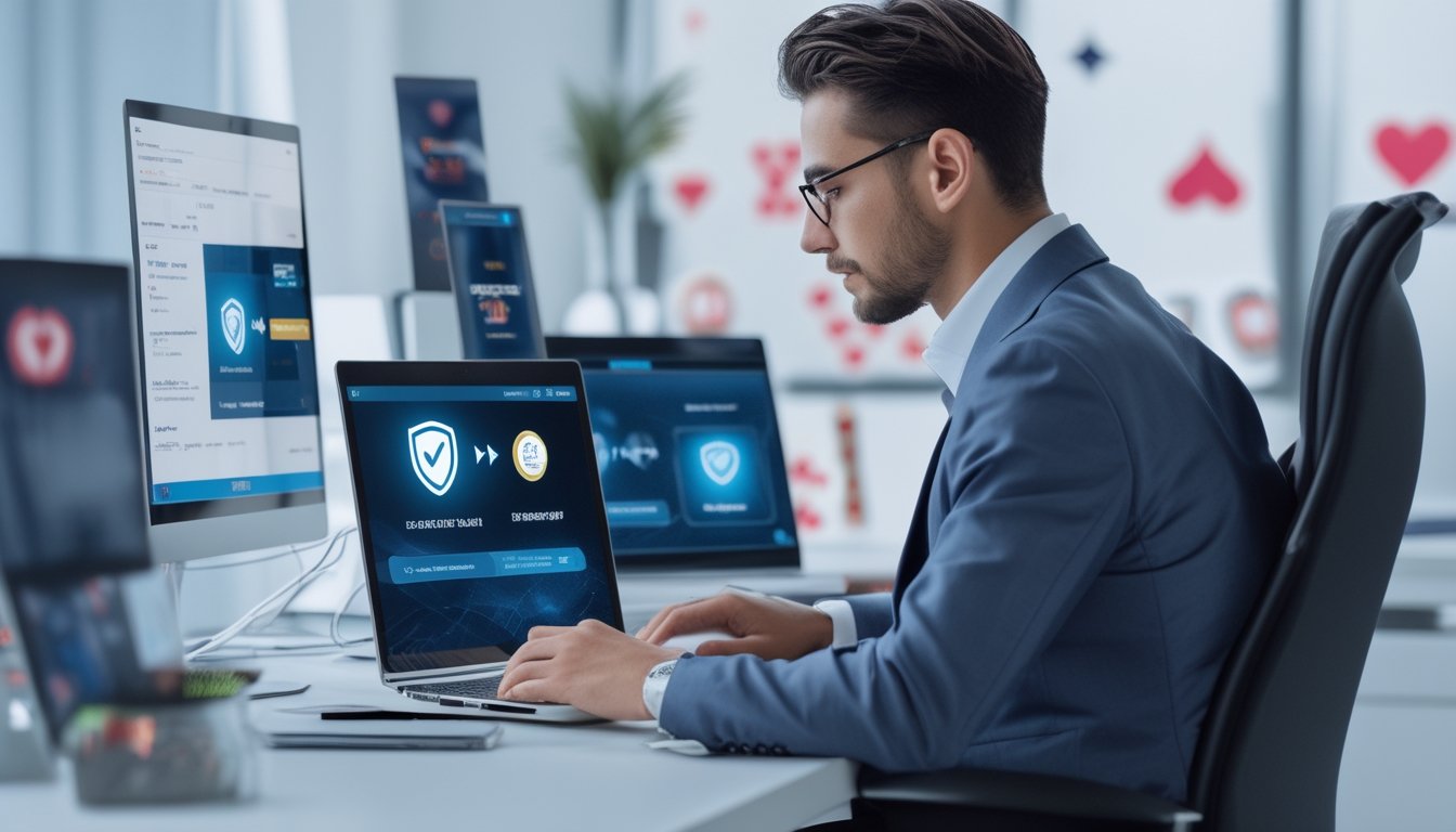 Seorang profesional duduk di meja dengan perangkat digital menampilkan grafik terkait kasino dan ikon keamanan, menunjukkan keamanan dan kemudahan dalam memilih agen Casino War.
