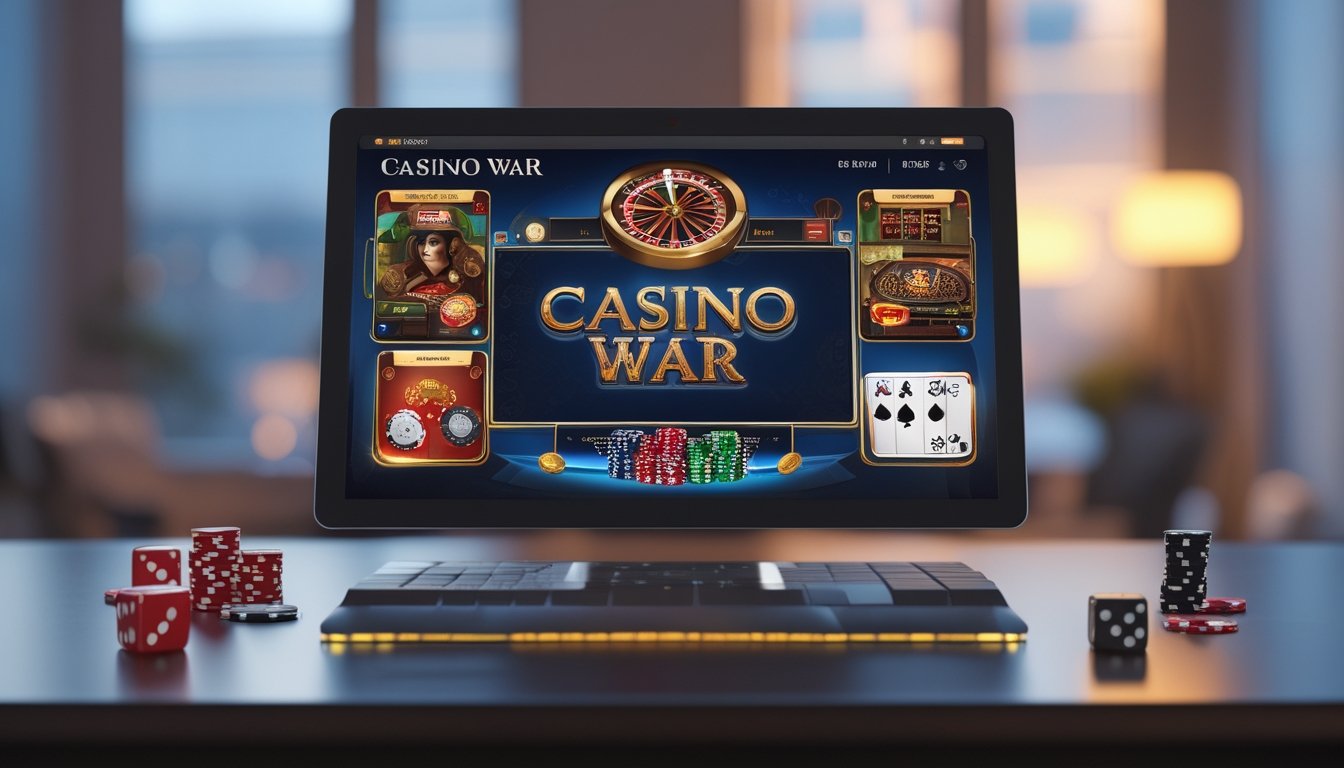 Seorang pengguna sedang bermain permainan Casino War online di laptop dengan latar belakang ruangan yang nyaman.