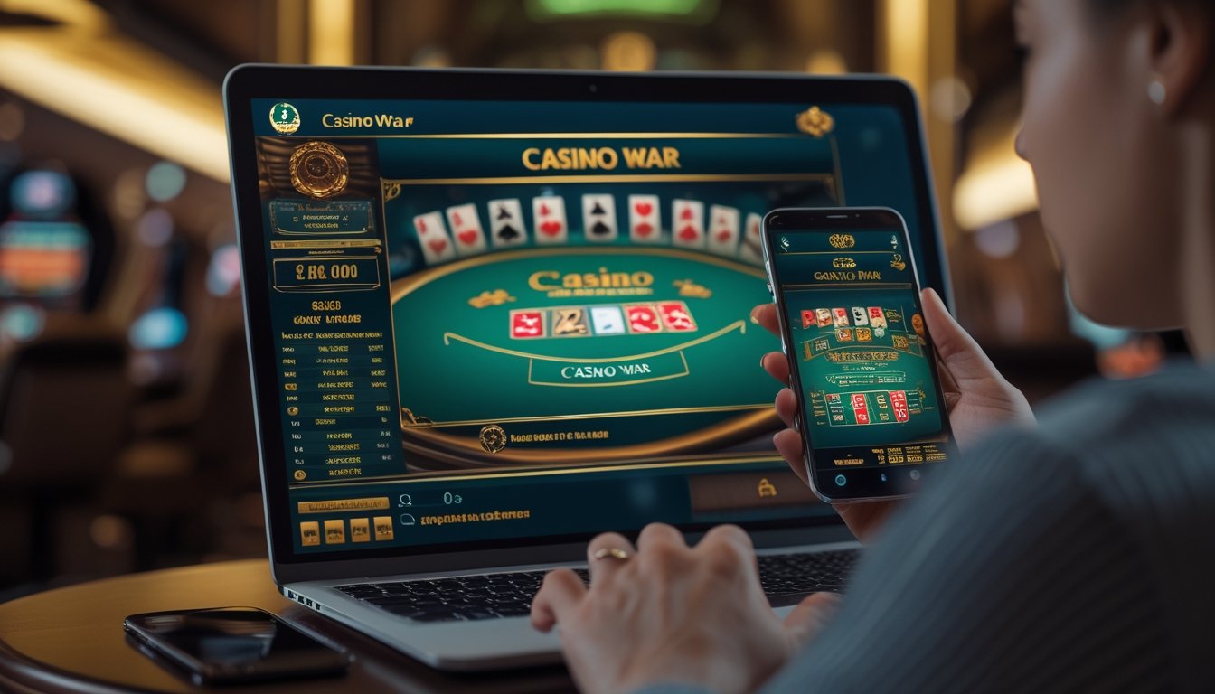 Seseorang menggunakan laptop dan ponsel untuk bermain permainan kasino online dengan kartu dan chip di layar, di ruang yang nyaman dan pencahayaan hangat.