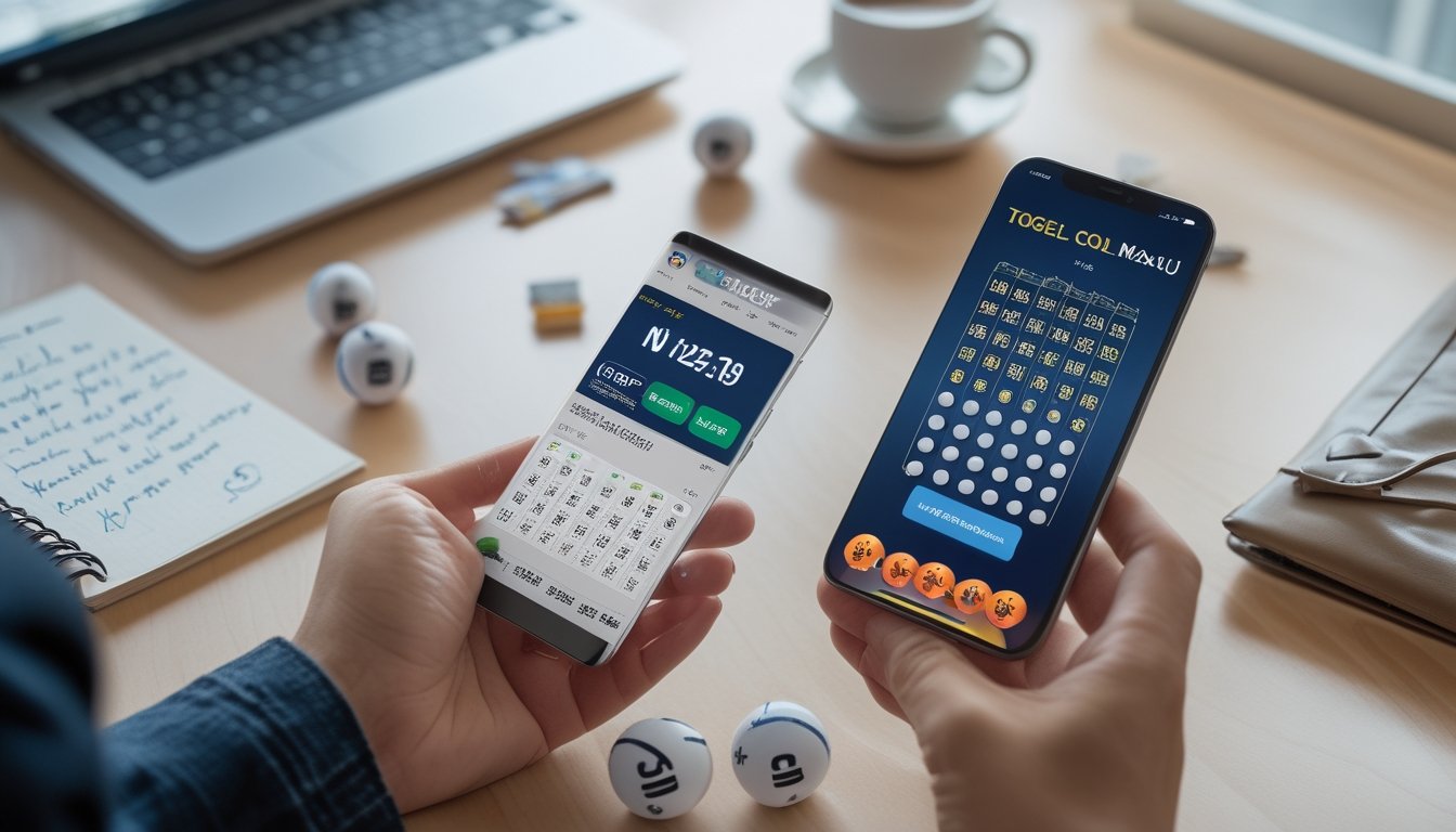 Tangan seseorang memegang tiket lotre dan smartphone dengan aplikasi taruhan lotre, di atas meja kerja dengan catatan dan bola lotre, latar belakang samar bangunan terkenal Macau.