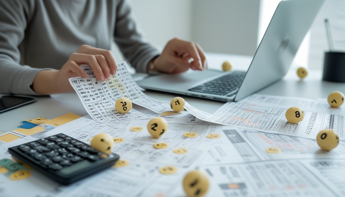 Seseorang sedang menganalisis tiket togel dan grafik di atas meja kerja dengan laptop dan kalkulator.