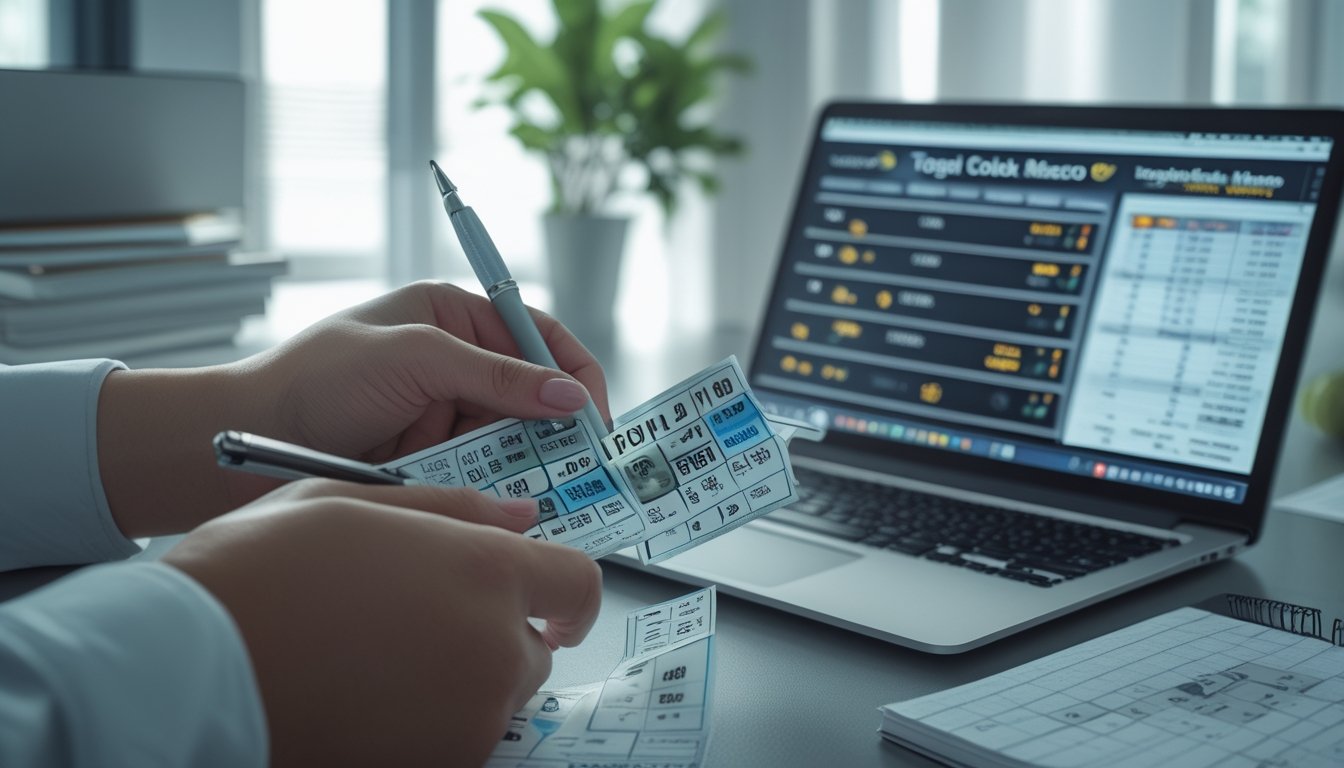 Seseorang sedang memegang tiket togel dan pena di depan laptop yang menampilkan grafik dan angka terkait togel, dengan buku catatan dan ponsel di meja kerja.