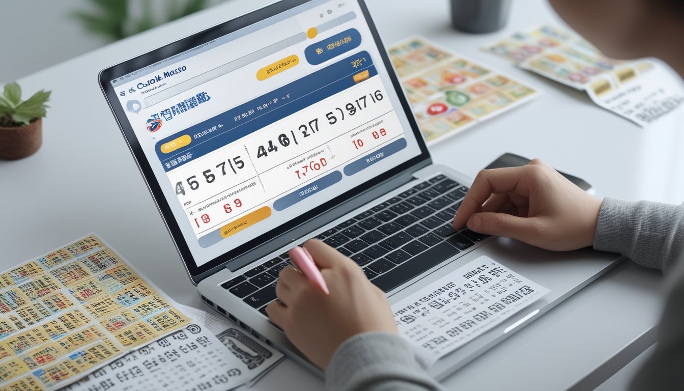 Tangan seseorang sedang memilih angka pada tiket lotere di meja kerja dengan laptop dan alat tulis.