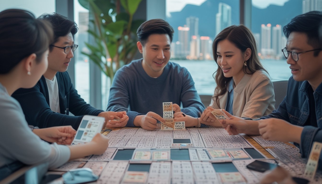 Sekelompok orang berkumpul di sekitar meja dengan tiket lotere dan perangkat digital, terlihat antusias membahas permainan angka di sebuah ruangan dengan pemandangan kota Macau di latar belakang.