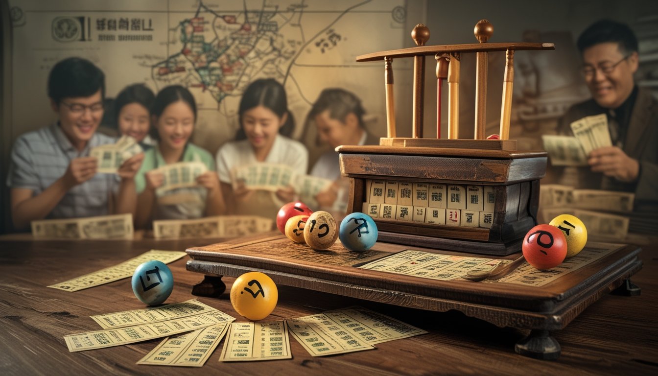Meja kayu dengan tiket lotere tradisional, bola angka berwarna-warni, dan alat undian lama, dengan latar belakang peta Macau dan orang-orang yang sedang bermain lotere.