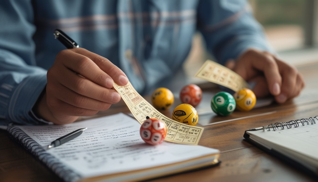 Tangan memegang tiket togel dan bola togel di atas meja kayu dengan buku catatan dan pena di sampingnya.