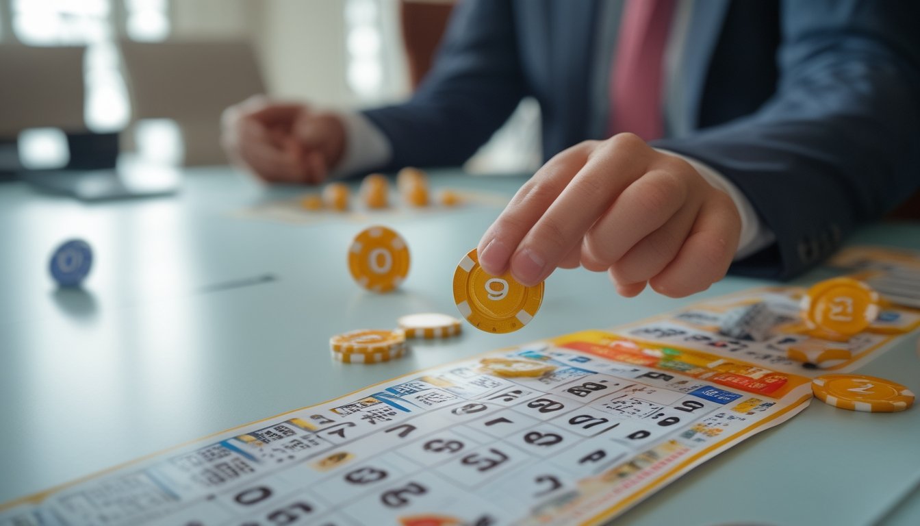 Meja permainan dengan tiket togel, bola bernomor, dan tangan yang menempatkan chip pada tiket.