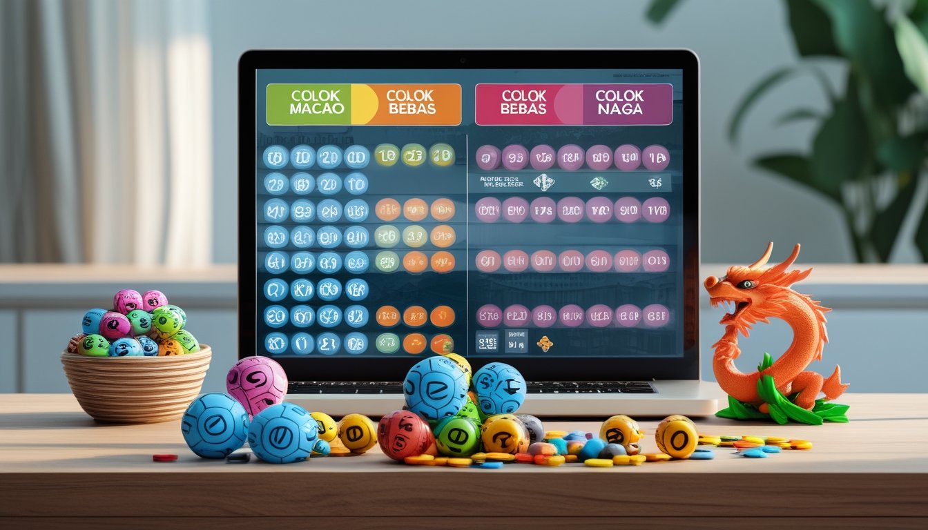 Meja kerja dengan laptop dan tiga kelompok bola lotere yang mewakili jenis permainan togel berbeda, termasuk patung naga kecil di atas meja.