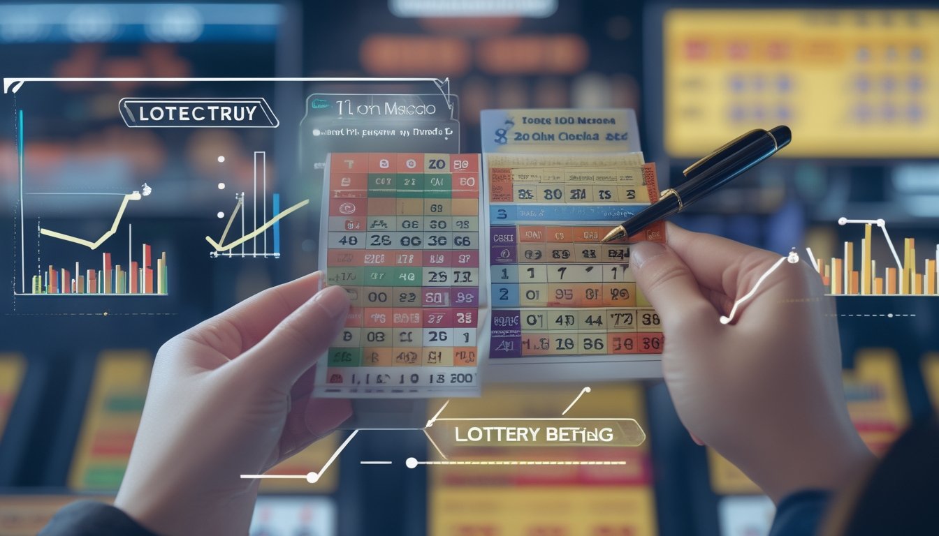 Tangan seseorang memegang tiket lotere berwarna-warni dengan latar belakang layar komputer yang menampilkan antarmuka lotere.