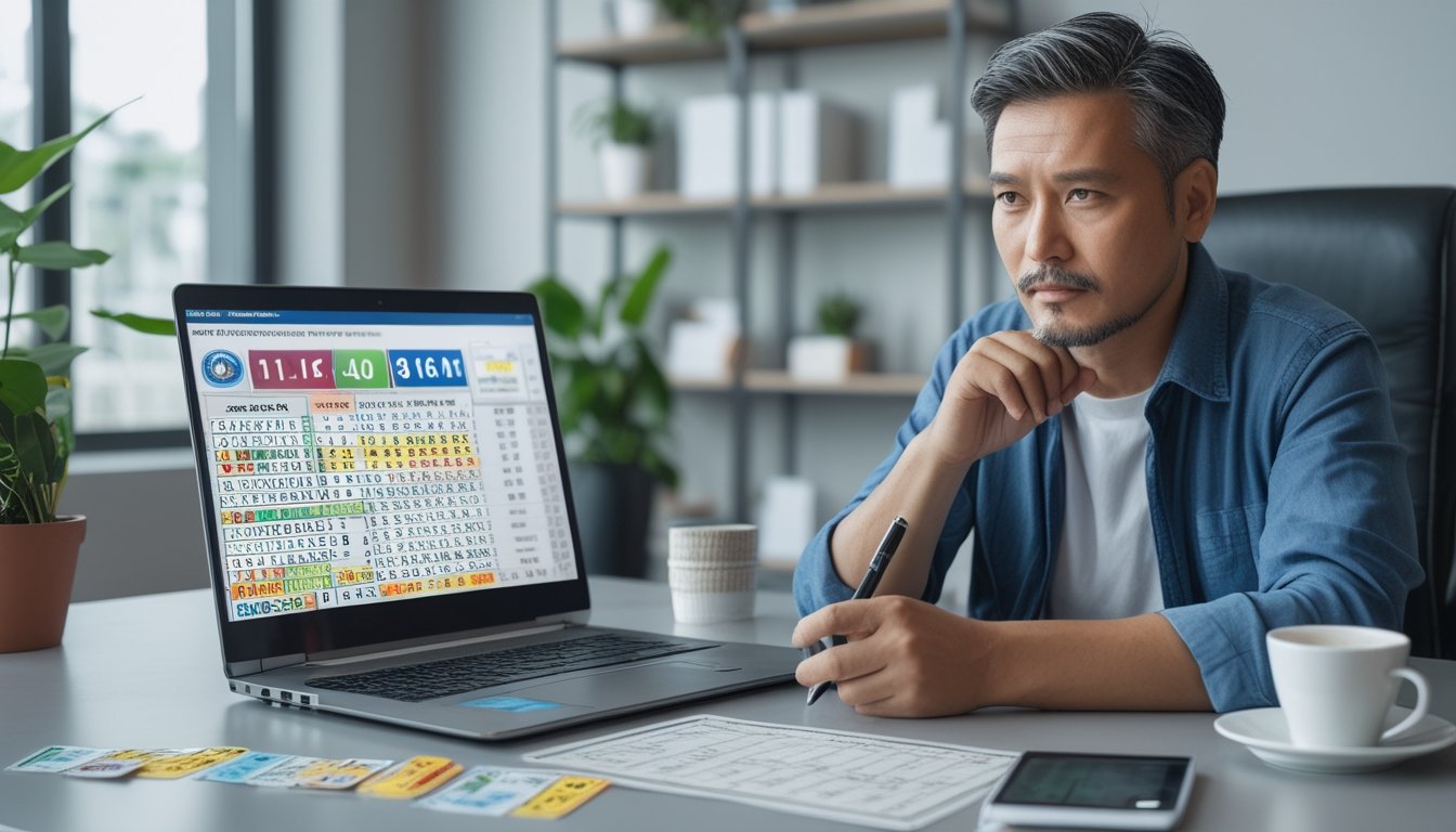 Seorang pria dewasa duduk di meja kerja dengan laptop, tiket lotere, dan alat tulis, terlihat fokus dan memikirkan sebelum mengikuti taruhan Colok Macao.
