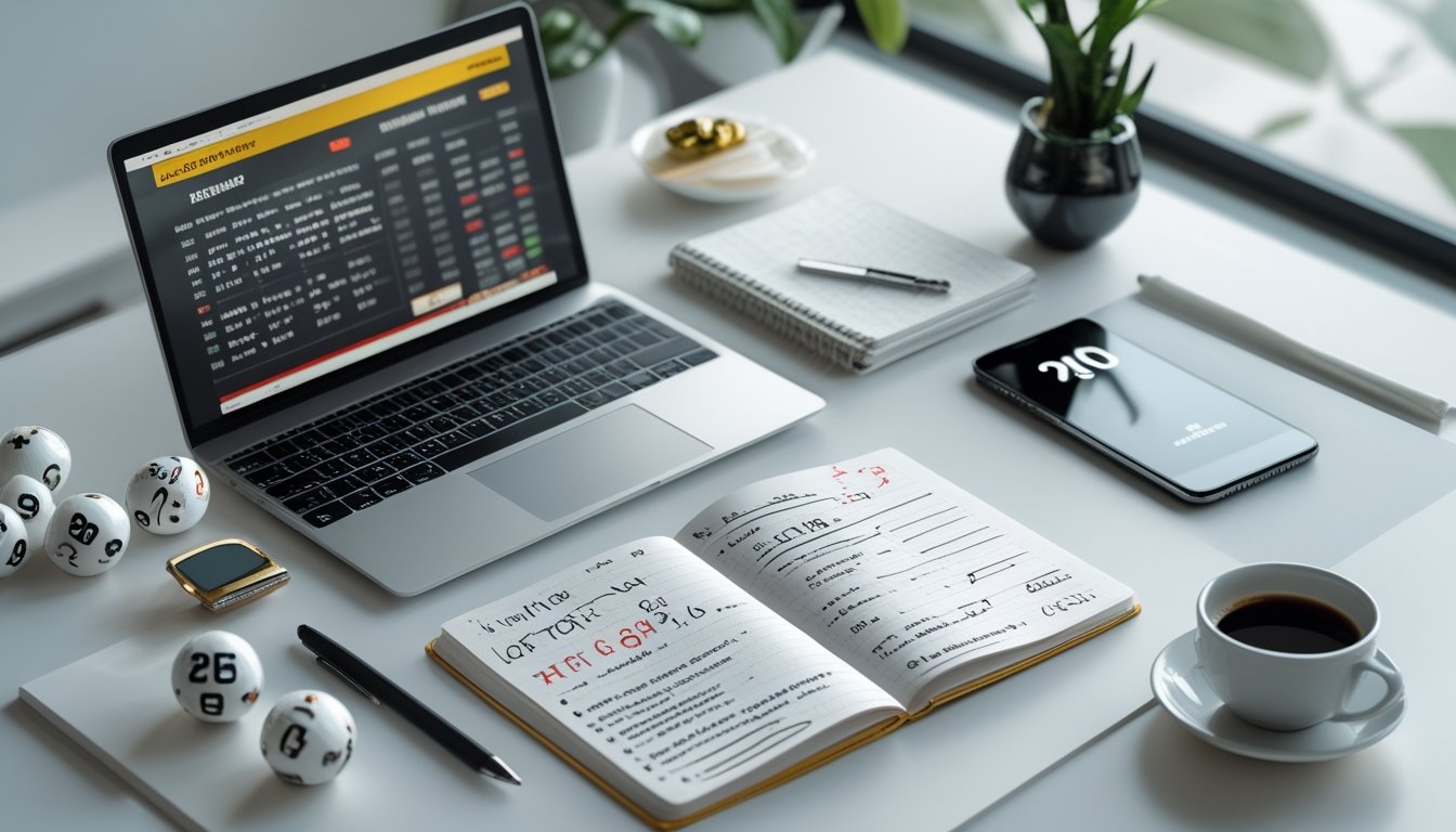 Meja kerja modern dengan laptop, buku catatan, dan bola lotre yang menunjukkan suasana belajar tentang istilah penting dalam Togel Colok Macau.