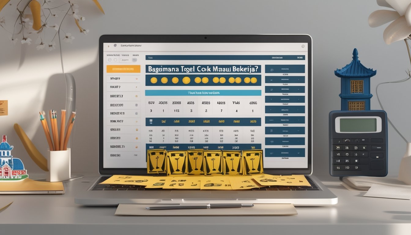 Meja kerja dengan laptop menunjukkan antarmuka togel digital, kalkulator, dan catatan, menggambarkan proses belajar tentang Togel Colok Macau.