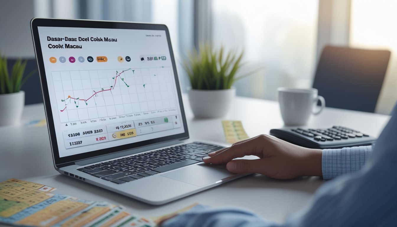 Meja kerja dengan laptop yang menampilkan antarmuka digital togel, tiket lotre, kalkulator, dan cangkir kopi di sekitarnya.