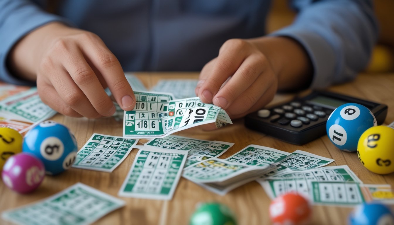 Tangan seseorang memegang tiket togel di atas meja kayu dengan bola togel bernomor dan alat tulis di sekitarnya.
