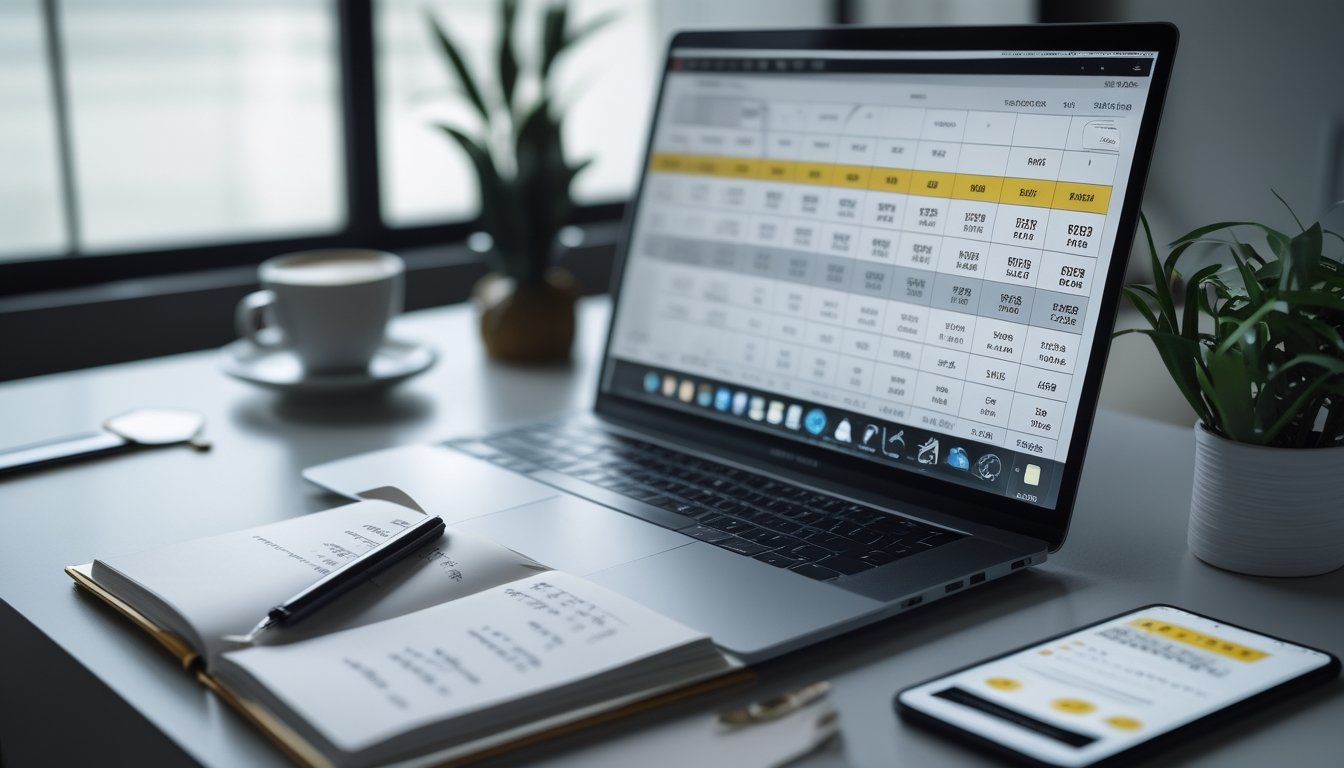 Meja kerja dengan laptop, buku catatan, dan ponsel yang menampilkan data terkait permainan Togel Colok Macau.