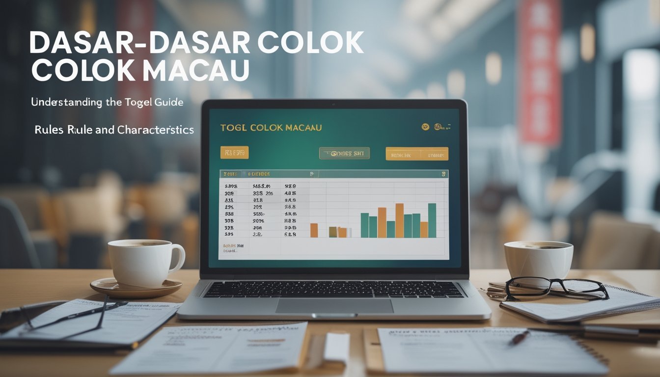Meja kerja dengan laptop yang menampilkan grafik dan angka terkait togel, dikelilingi oleh catatan, cangkir kopi, dan kacamata.