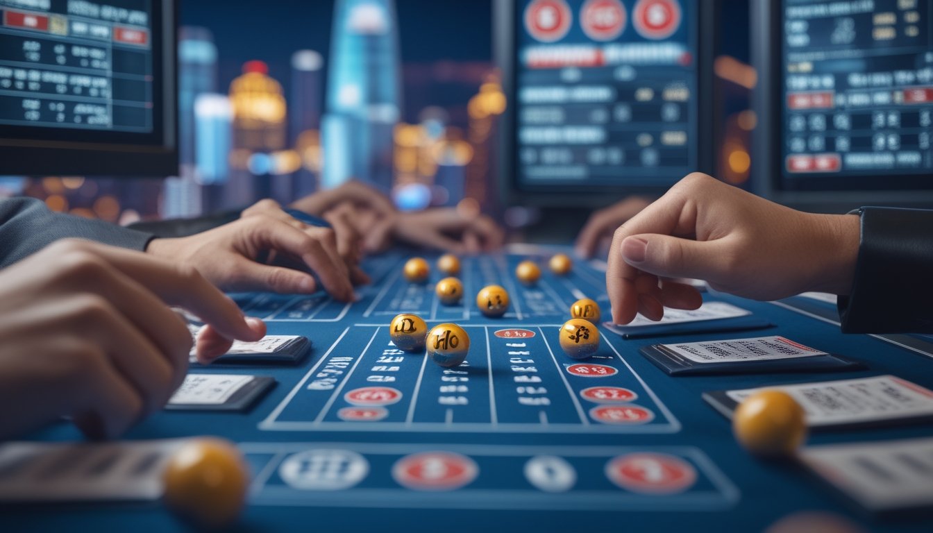 Orang-orang sedang bermain togel dengan bola nomor dan tiket di meja, dengan latar belakang pemandangan kota Macau.