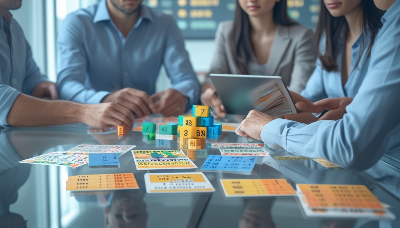 Beberapa orang sedang berdiskusi dan menganalisis tiket lotere dan grafik di meja kaca dalam ruangan kantor yang terang.