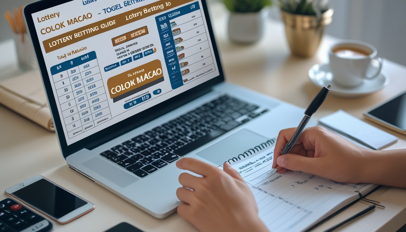 Seorang individu sedang mempelajari panduan taruhan Togel Colok Macao di meja dengan laptop, catatan, dan alat tulis.