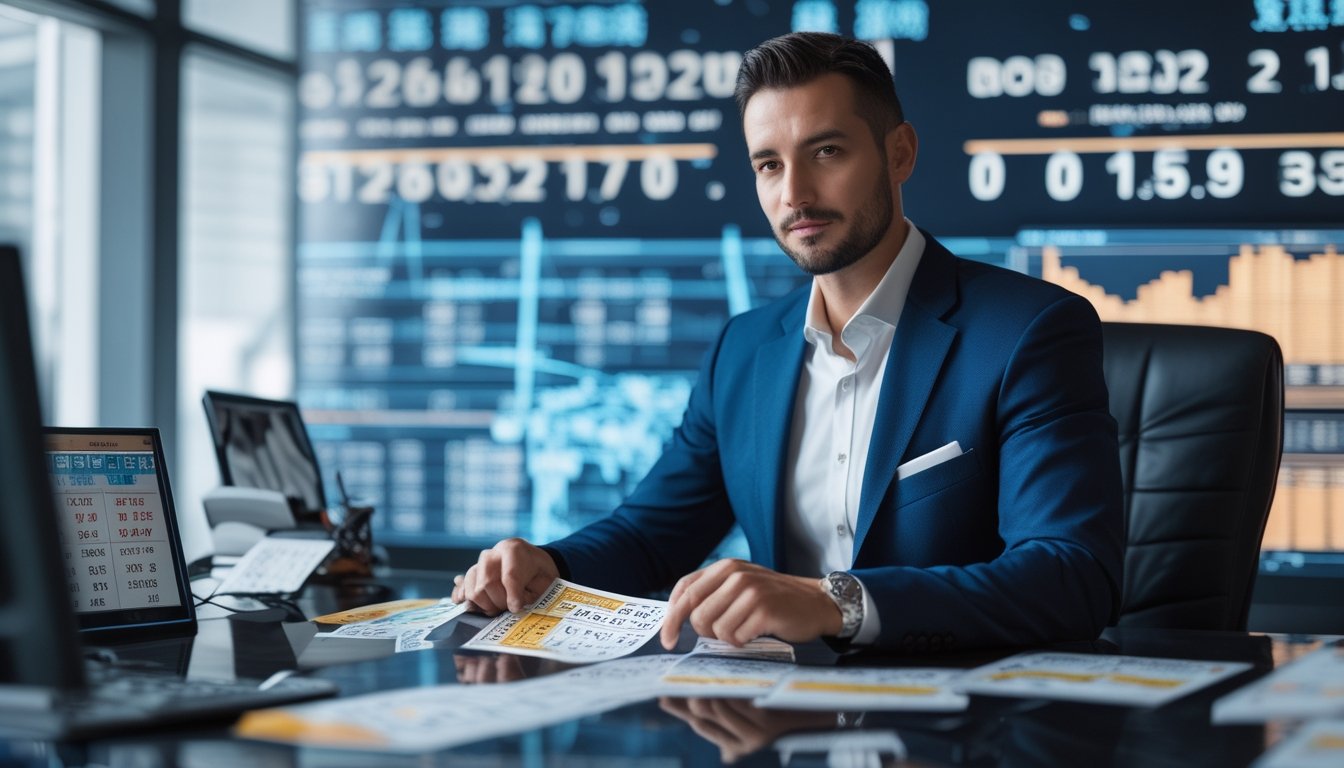 Seorang pria profesional duduk di meja dengan tiket lotere dan perangkat digital, di latar belakang layar transparan menampilkan data angka dan pola permainan.