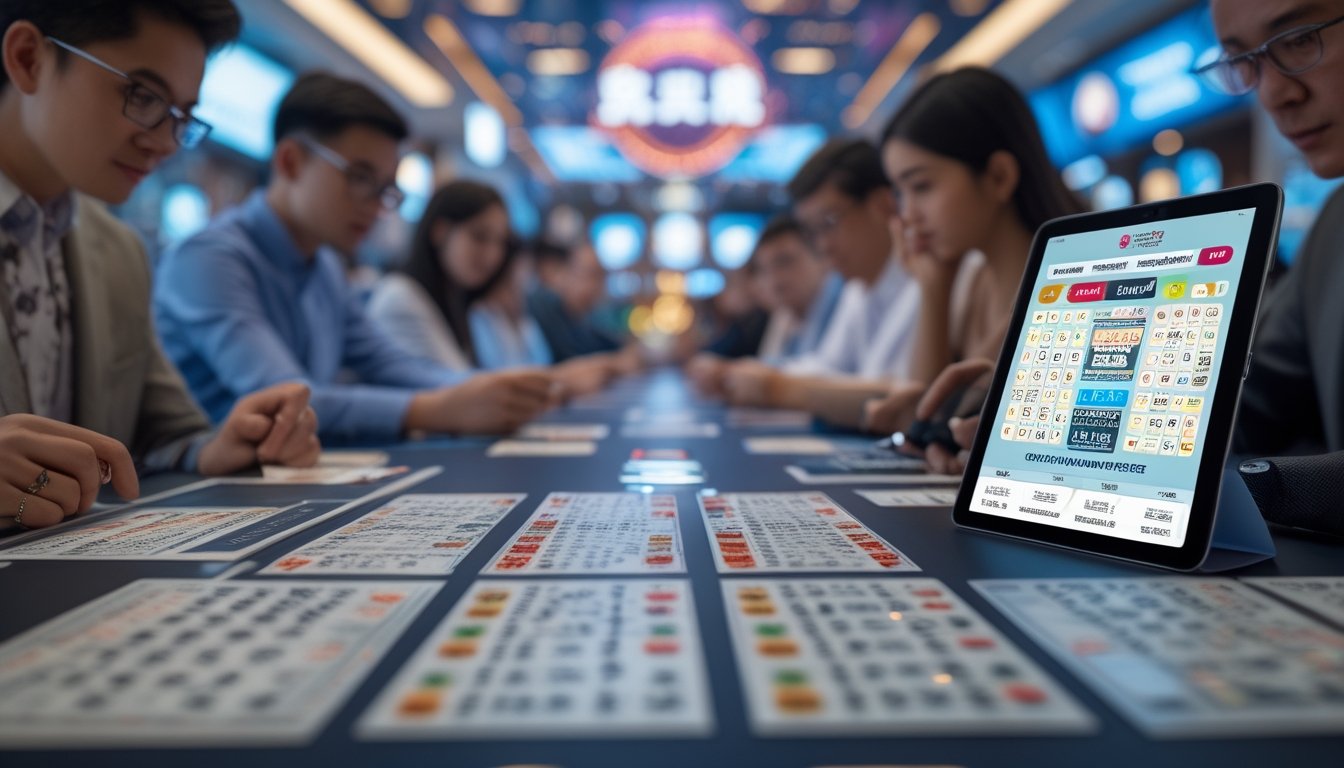 Orang-orang sedang duduk di meja dengan tiket togel dan perangkat digital, latar belakang menampilkan pemandangan kota Macau dengan lampu neon dan suasana kasino.