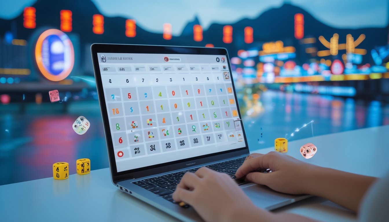 Seseorang menggunakan laptop di meja dengan latar belakang kota Macau yang menampilkan gedung kasino dan lampu neon.
