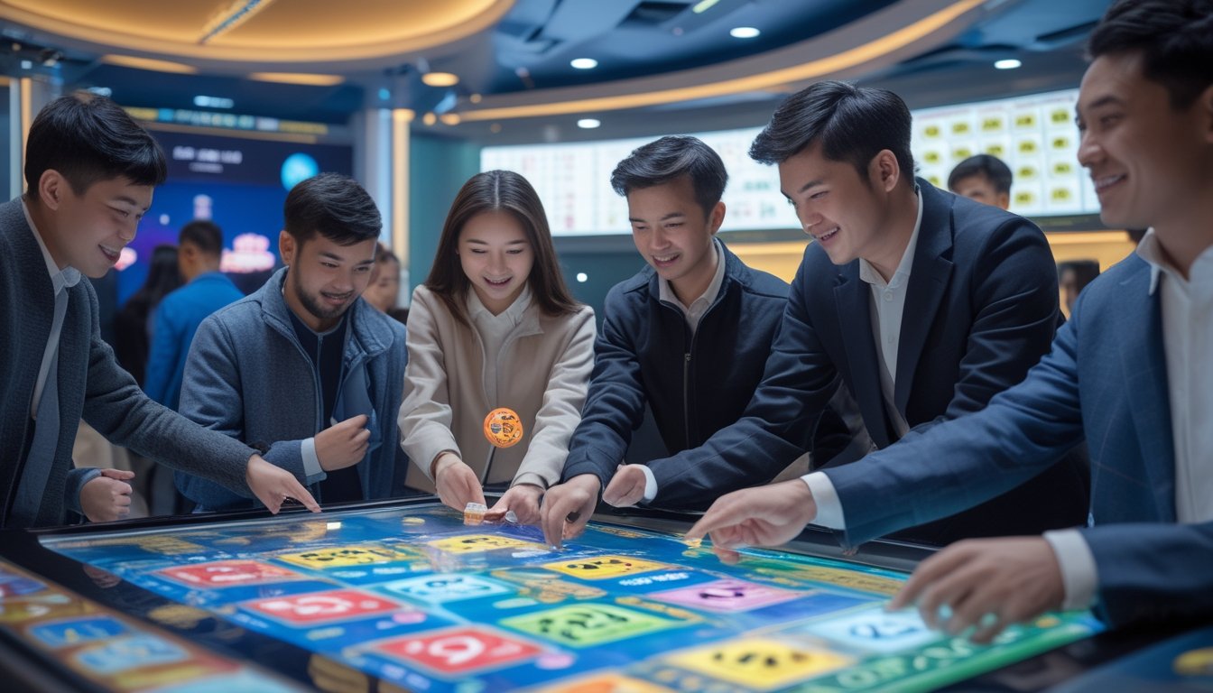 Beberapa orang sedang bermain permainan togel Colok Macau menggunakan meja sentuh digital di ruangan modern dengan layar digital di latar belakang.