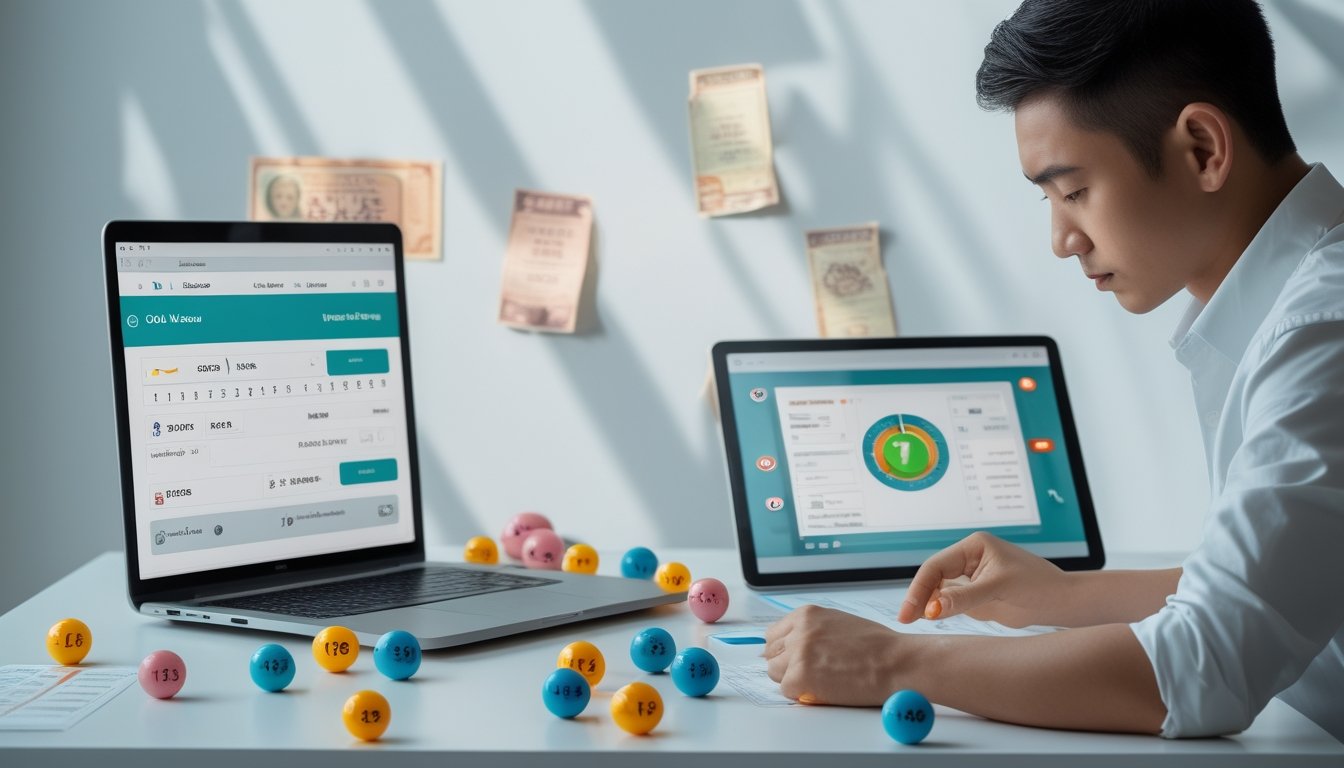 Seorang pria di meja kerja dengan laptop dan bola lotere berwarna-warni, sedang menganalisis hasil togel dengan grafik di tablet.