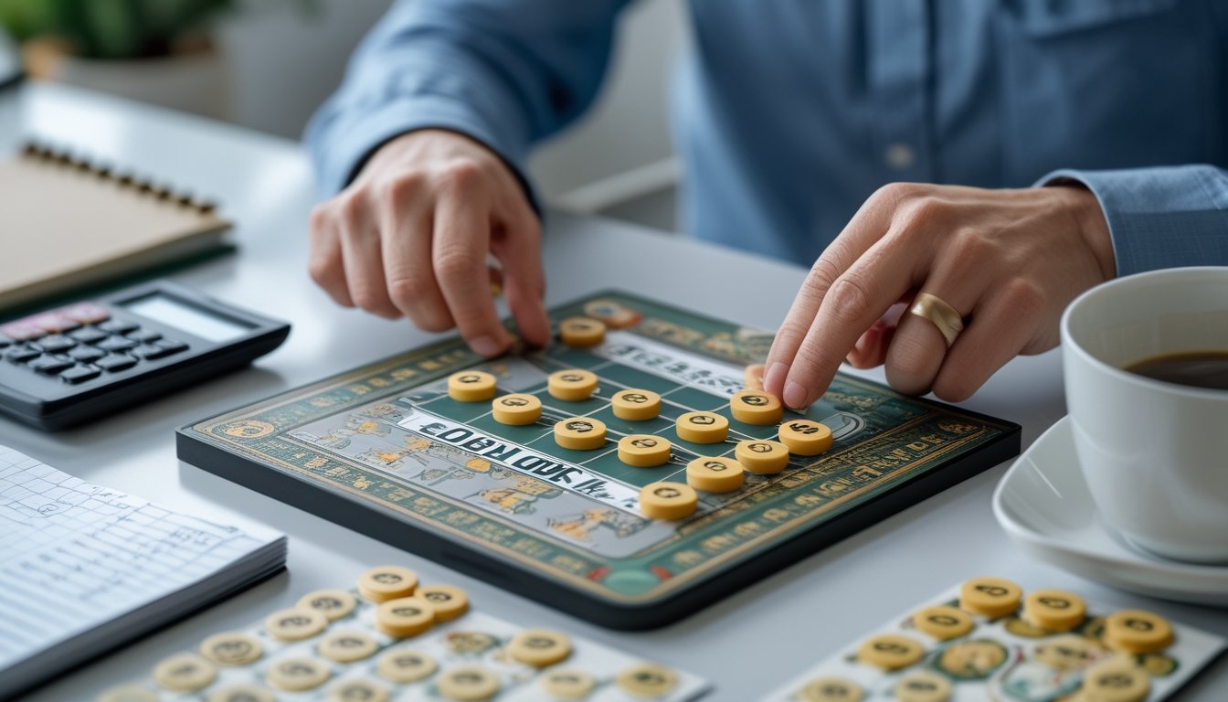 Tangan seseorang sedang menempatkan token bernomor pada papan permainan togel di atas meja dengan alat tulis dan kalkulator di sekitarnya.