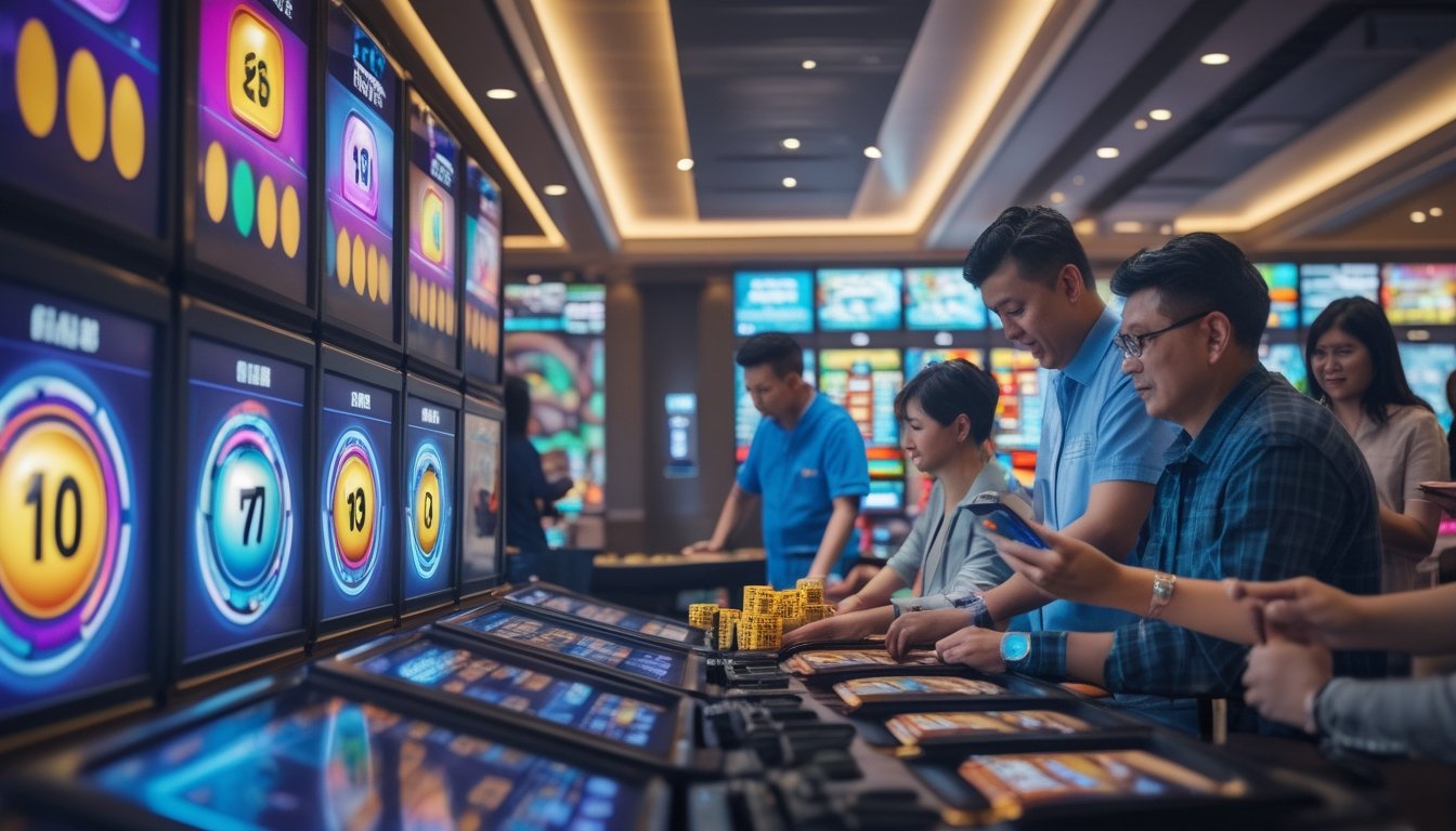 Orang-orang sedang bermain dan berdiskusi tentang permainan angka di sebuah lounge permainan modern dengan layar digital dan latar belakang pemandangan kota Macau.