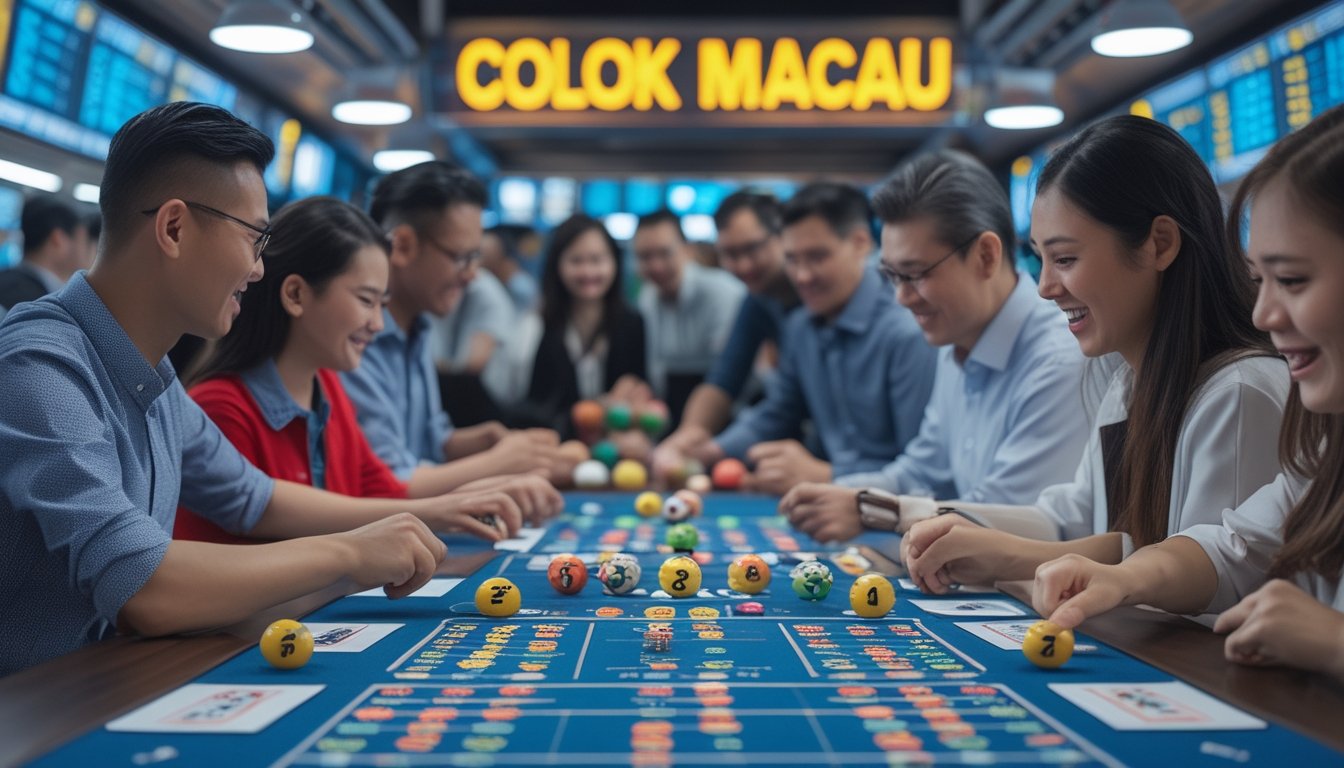 Orang-orang sedang bermain permainan angka Colok Macau di meja permainan dengan bola lotere dan kertas taruhan.