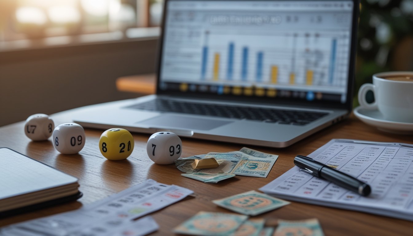 Meja kayu dengan bola togel bernomor, dadu, tiket togel di tangan, laptop dengan grafik di latar belakang, dan alat tulis di sampingnya.