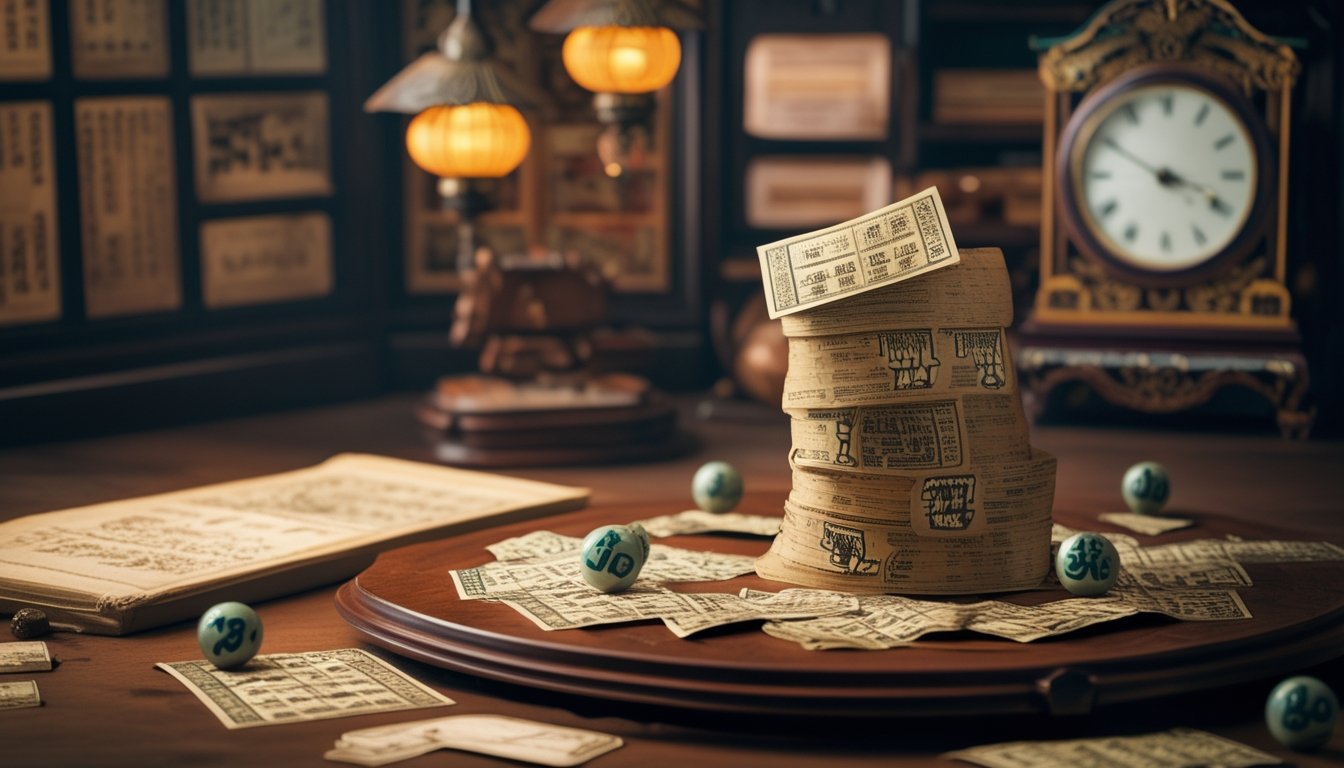 Meja kayu dengan tiket lotere tradisional dan bola bernomor, dikelilingi oleh manuskrip tua dan ornamen Asia, menggambarkan sejarah permainan Togel Colok Macao.