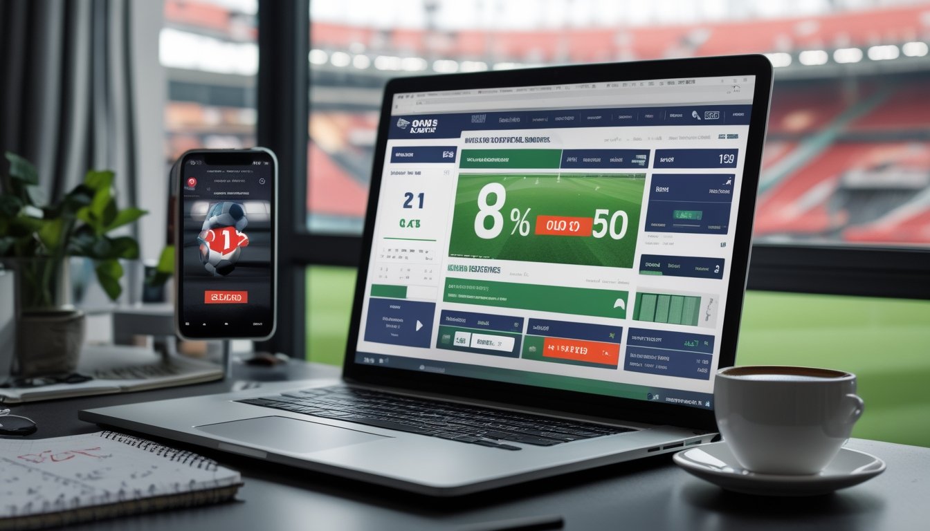 Seorang pria duduk di depan laptop yang menampilkan situs taruhan sepak bola dengan peluang 1X2, di meja terdapat ponsel, secangkir kopi, dan catatan, dengan latar belakang stadion sepak bola yang terlihat melalui jendela.