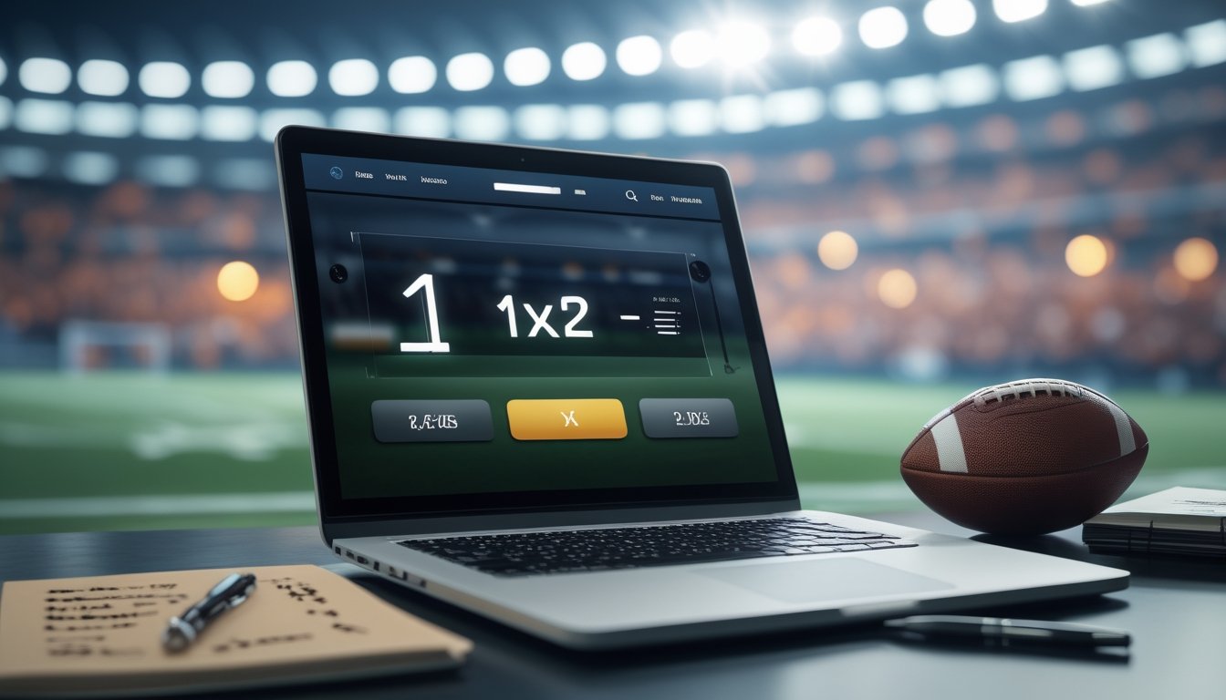 Layar laptop yang menampilkan antarmuka taruhan sepak bola 1X2 dengan latar belakang stadion sepak bola dan perlengkapan sepak bola di meja.