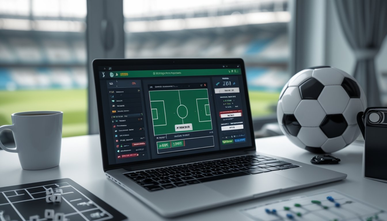 Meja kerja dengan laptop yang menampilkan layar taruhan sepak bola 1X2, bola sepak, papan strategi, dan cangkir kopi di dekat jendela dengan pemandangan stadion.