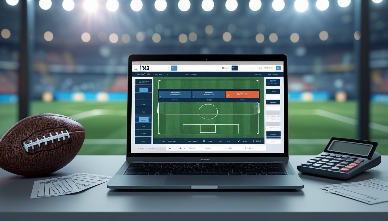 Meja kerja dengan laptop yang menampilkan antarmuka taruhan sepak bola 1X2, bola sepak, dan alat tulis di latar depan, dengan stadion sepak bola yang samar di latar belakang.