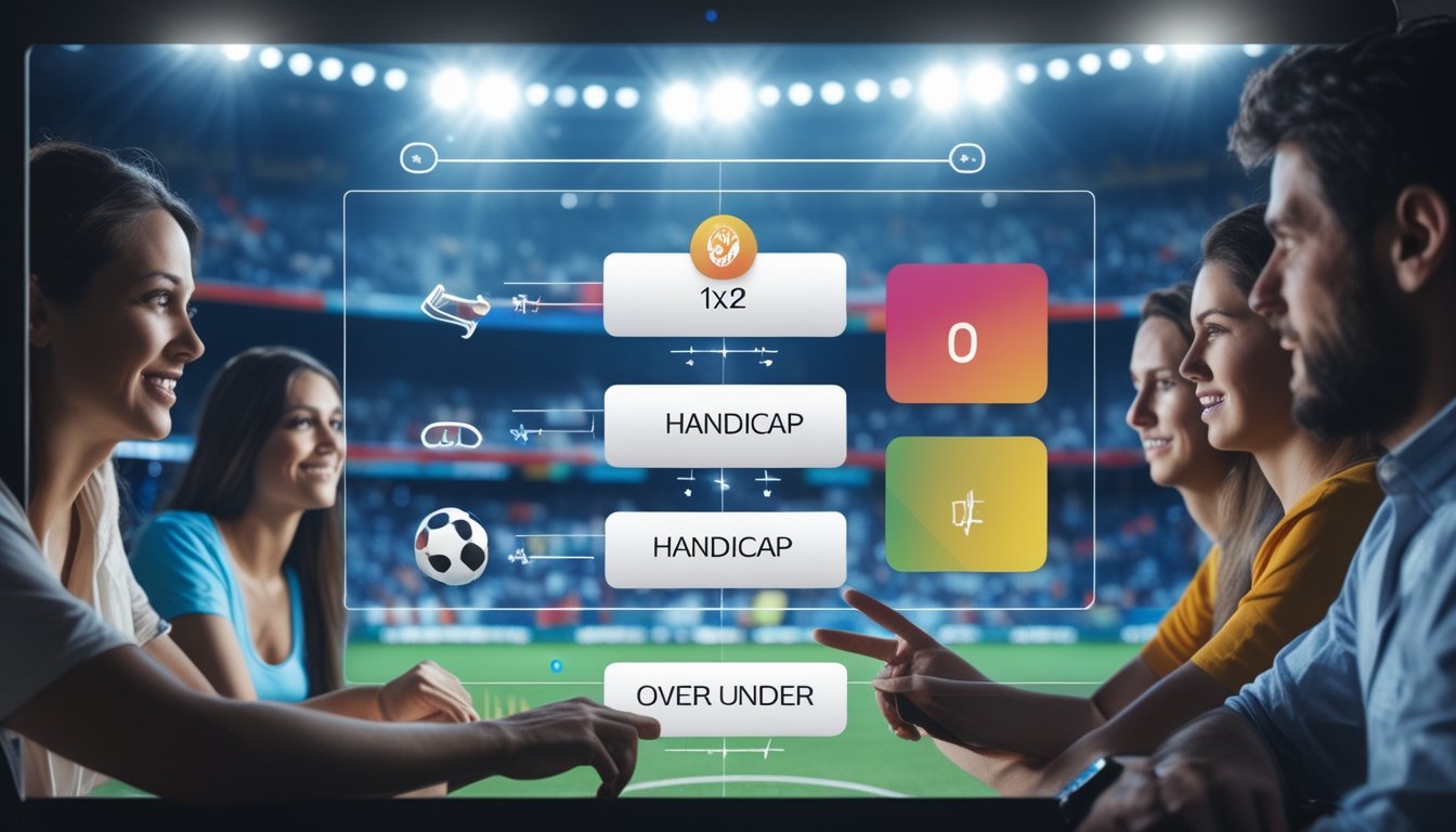 Orang-orang menggunakan perangkat digital di stadion sepak bola yang ramai untuk memilih opsi taruhan 1X2, Handicap, dan Over Under.
