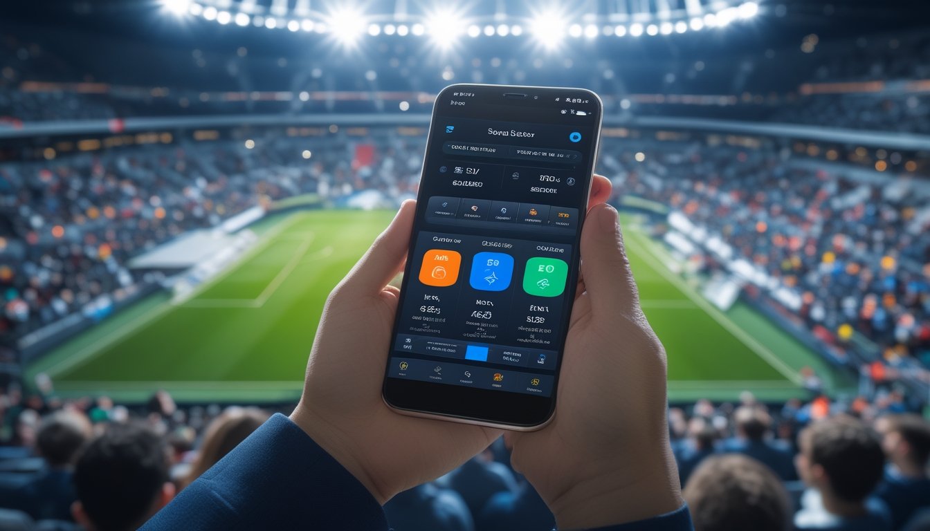Seseorang memegang ponsel dengan aplikasi taruhan sepak bola, latar belakang stadion sepak bola yang ramai dengan penonton.