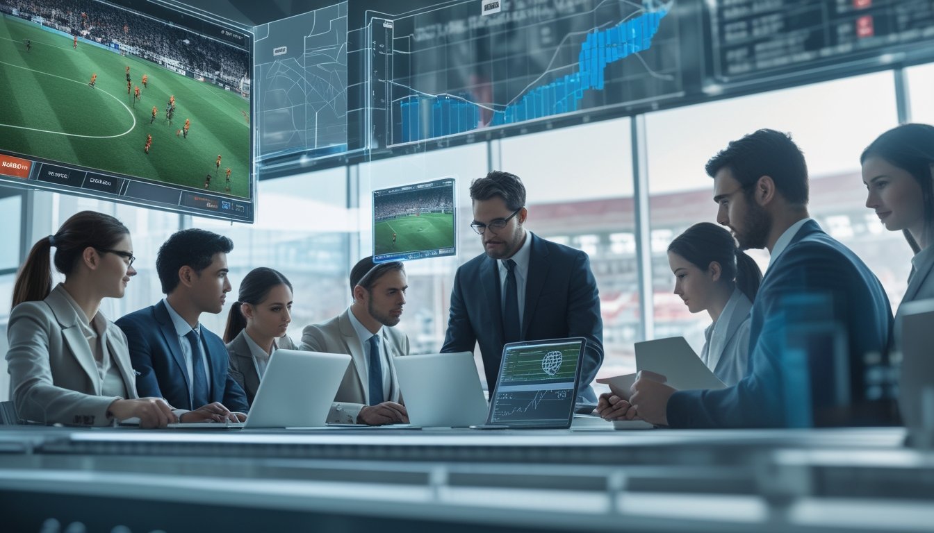 Sekelompok profesional sedang menganalisis data taruhan sepak bola dengan layar digital yang menampilkan pertandingan dan grafik peluang 1X2.