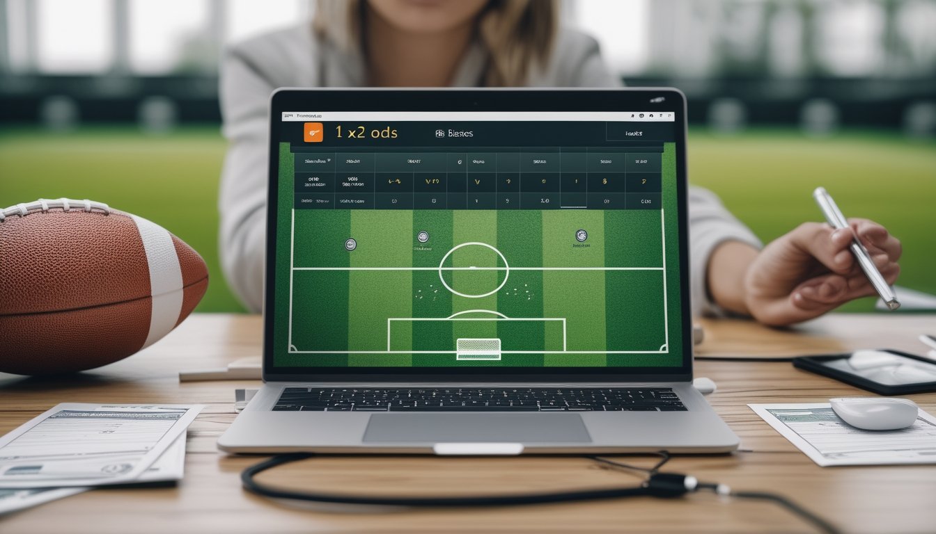 Seorang pria sedang melihat layar perangkat digital yang menampilkan opsi taruhan 1X2 dalam pertandingan sepak bola dengan bola di latar belakang lapangan hijau.