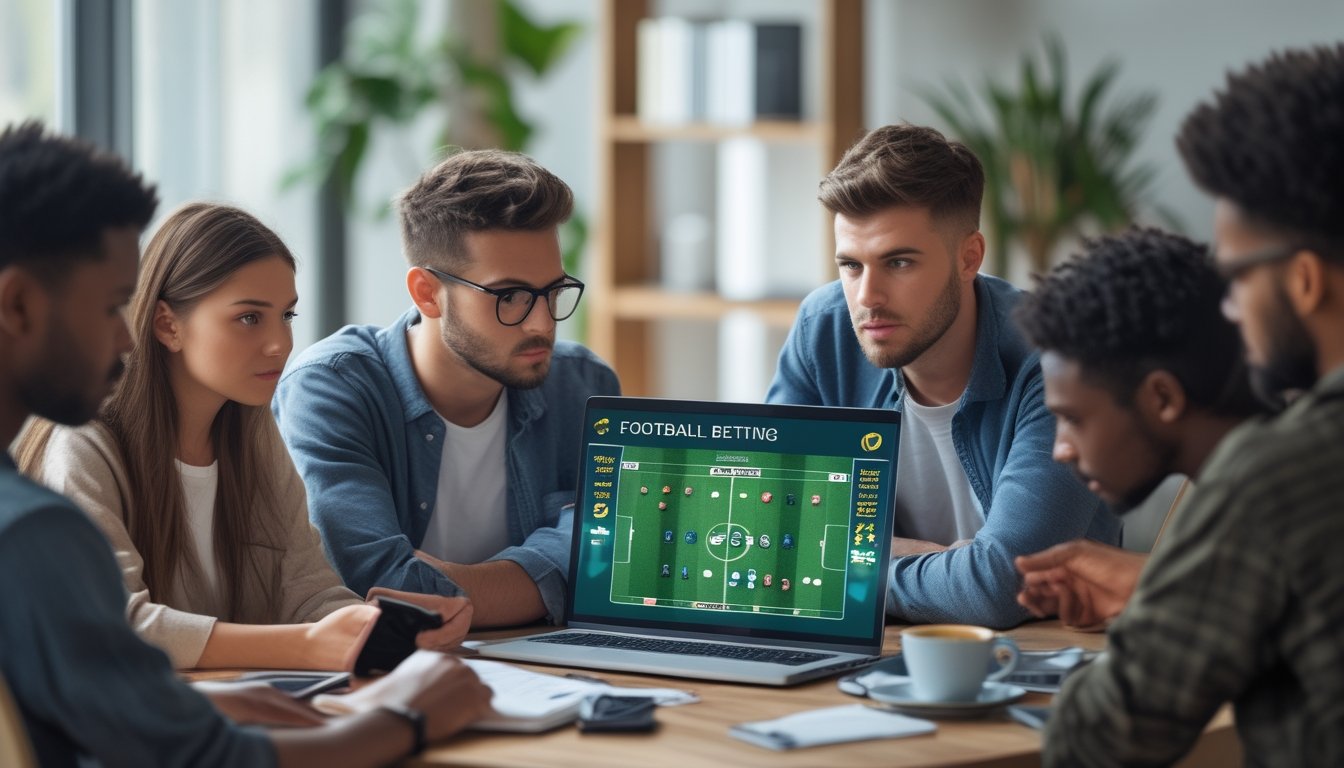 Sekelompok orang muda sedang berdiskusi serius di ruang tamu sambil melihat pertandingan sepak bola di laptop.